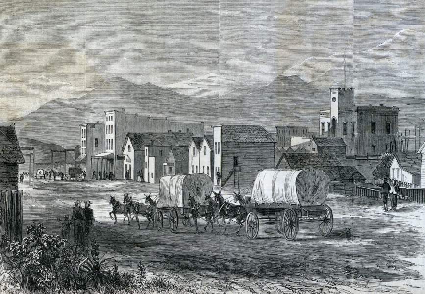 Denver, Colorado from "Life on the Plains," Harper's Weekly Magazine, October 13, 1866, artist's impression.