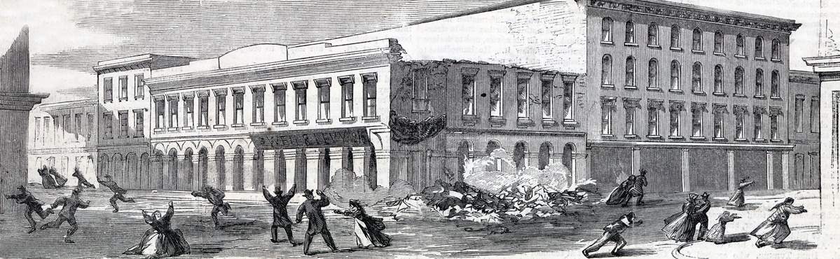 Scene at Battery and Sacramento Streets, San Francisco Earthquake, October 8, 1865, artist's impression, detail