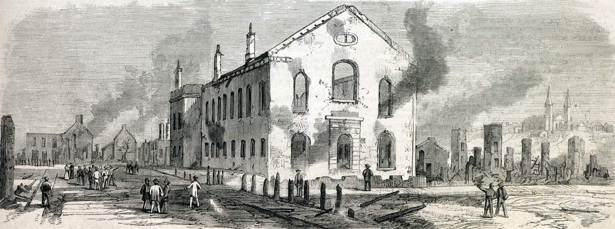 Ruins in Quebec, Canada, following the great fire of October 14, 1866, artist's impression.