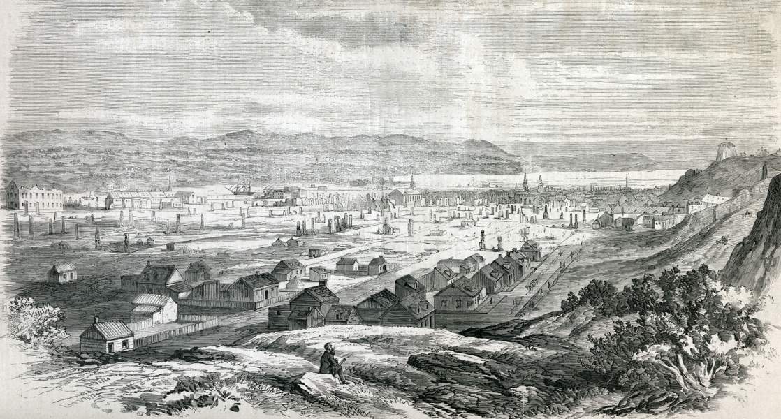 View of the burned out sections of the city of Quebec, Canada, following the great fire of October 14, 1866, artist's impression, zoomable image.
