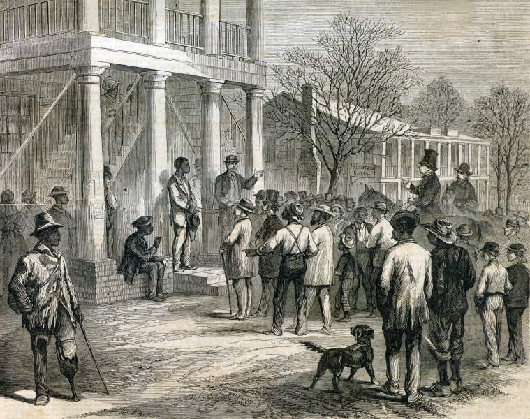 "Selling a Freedman to Pay his Fine," Monticello, Florida, December 1866, artist's impression, zoomable image.
