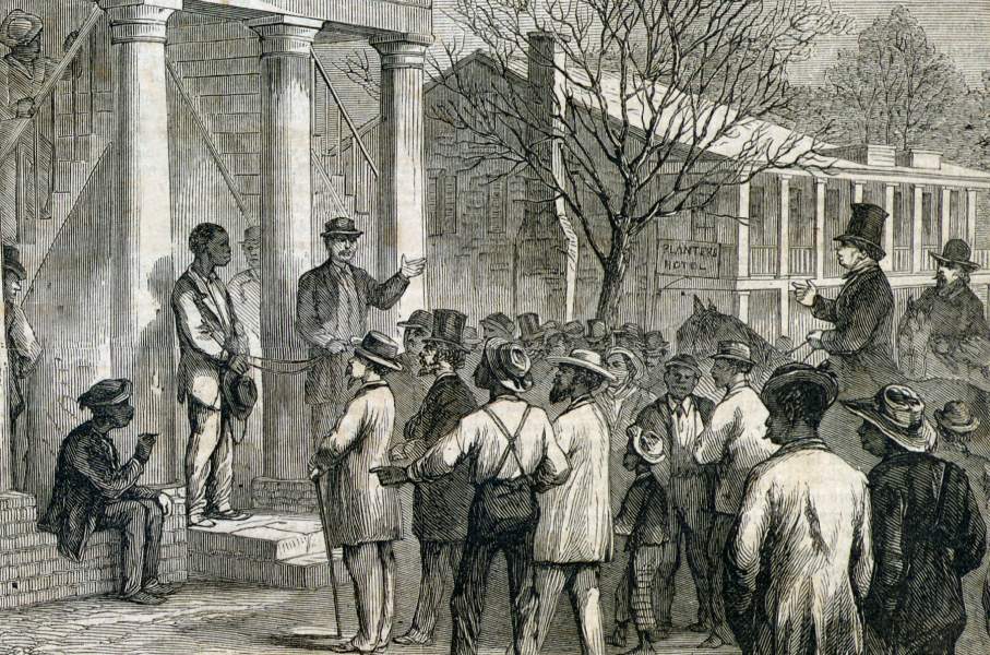 "Selling a Freedman to Pay his Fine," Monticello, Florida, December 1866, artist's impression, zoomable image, detail.