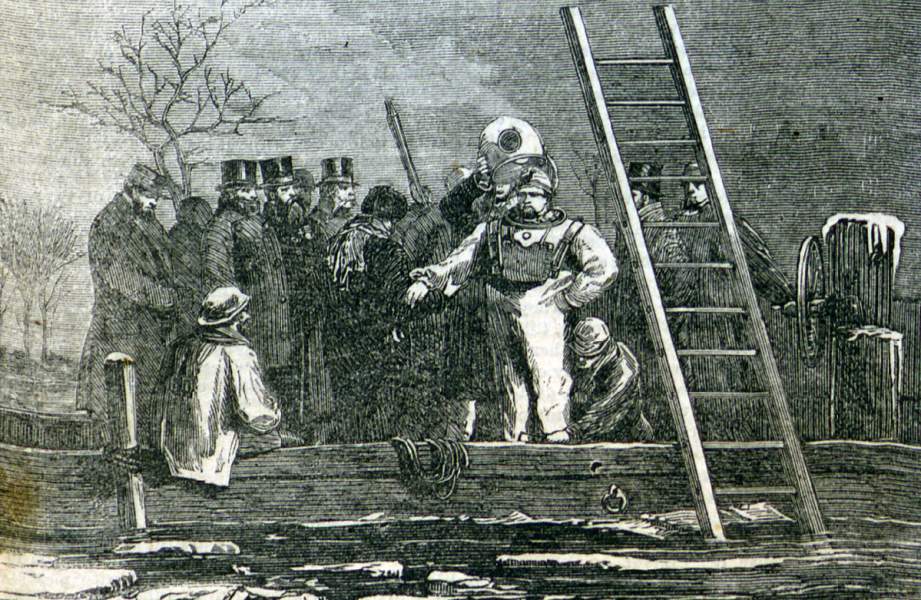 Divers searching for bodies from the Regent's Park ice disaster, January 1867, artist's impression.