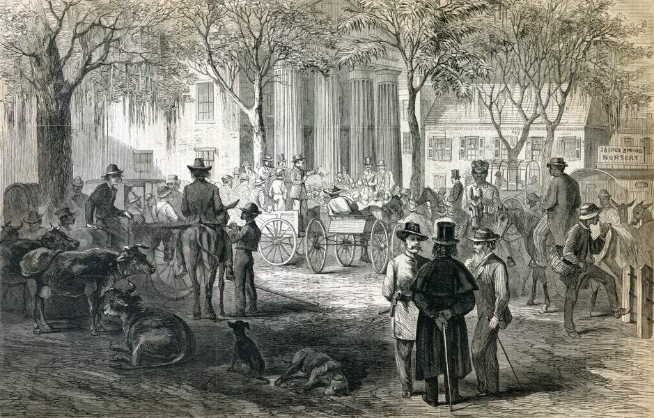 County Auction at the Courthouse, Savannah, Georgia, March 1867, artist's impression, zoomable image.