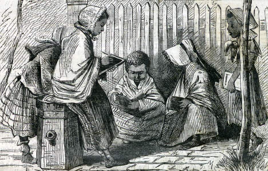 African-American children studying in the street, May 1867, artist's impression.
