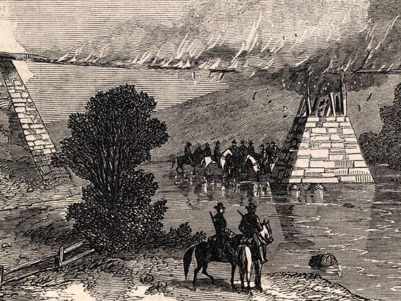 Confederate Cavalry burning the Cumberland Valley Railroad Bridge at Scotland, Pennsylvania, June, 1863, artist's impession, detail