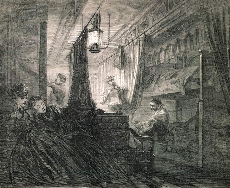 Sleeping carriage on the Erie Railway, New York State, May 1867, artist's impression.