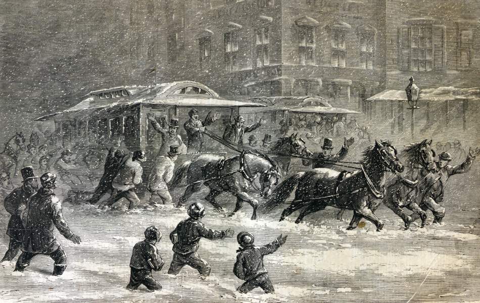 New York City street railways fighting the effects of the heavy snowstorm, January 17,1867, artist's impression, zoomable image.