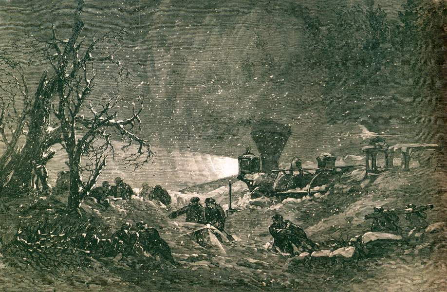 Clearing railroad tracks of snow near Troy, New York, December 29, 1866, artist's impression, zoomable image.