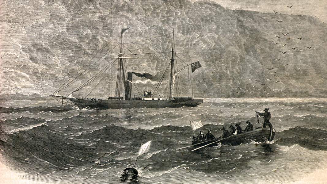 British sailors sounding and marking channels on Trinity Bay in preparation for the arrival of the "S.S. Great Eastern," July 1866, artist's impression