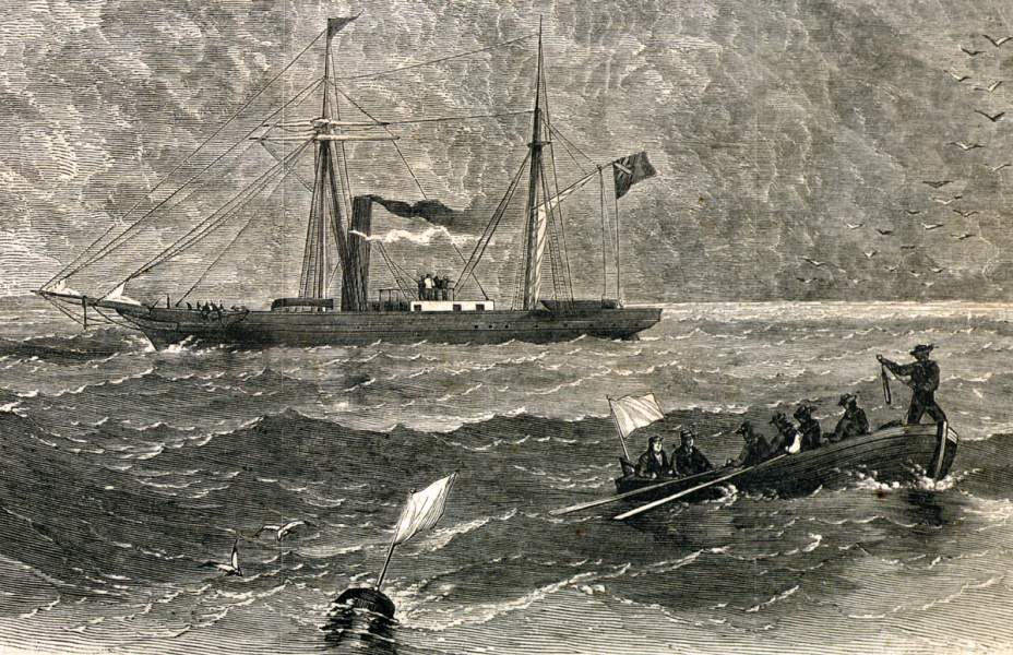 British sailors sounding and marking channels on Trinity Bay in preparation for the arrival of the "S.S. Great Eastern," July 1866, artist's impression, detail.