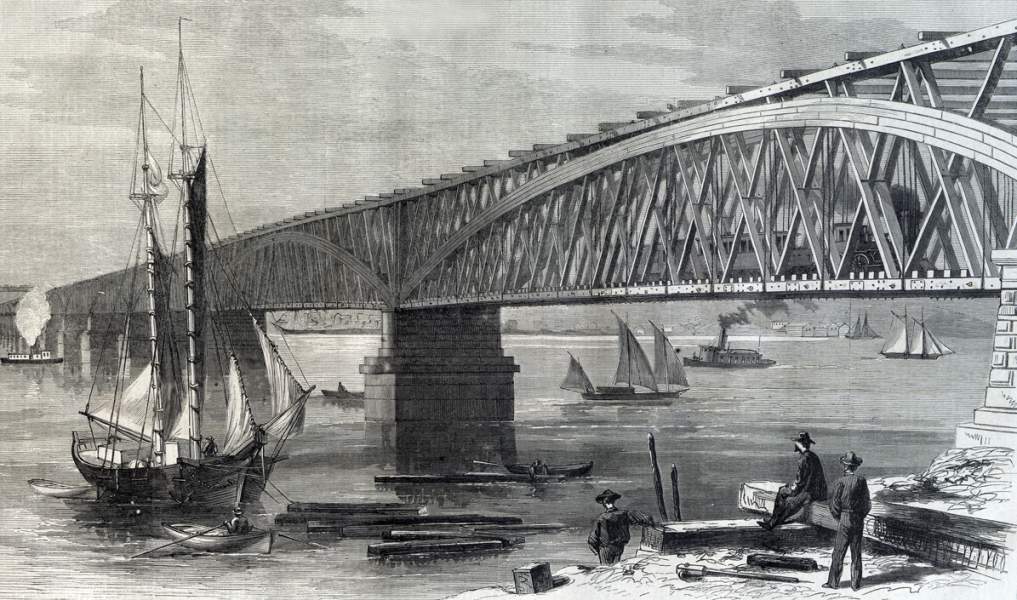 Completed Susquehanna Railroad Bridge connecting the Maryland towns of Havre De Grace and Perryville, November 1866, artist's impression.