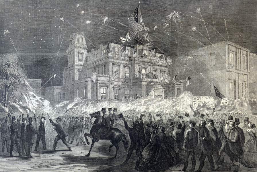 Torchlight procession of delegates to the Southern Loyalists Convention, Philadelphia, Pennsylvania, September 4, 1866, artist's impression, zoomable image.