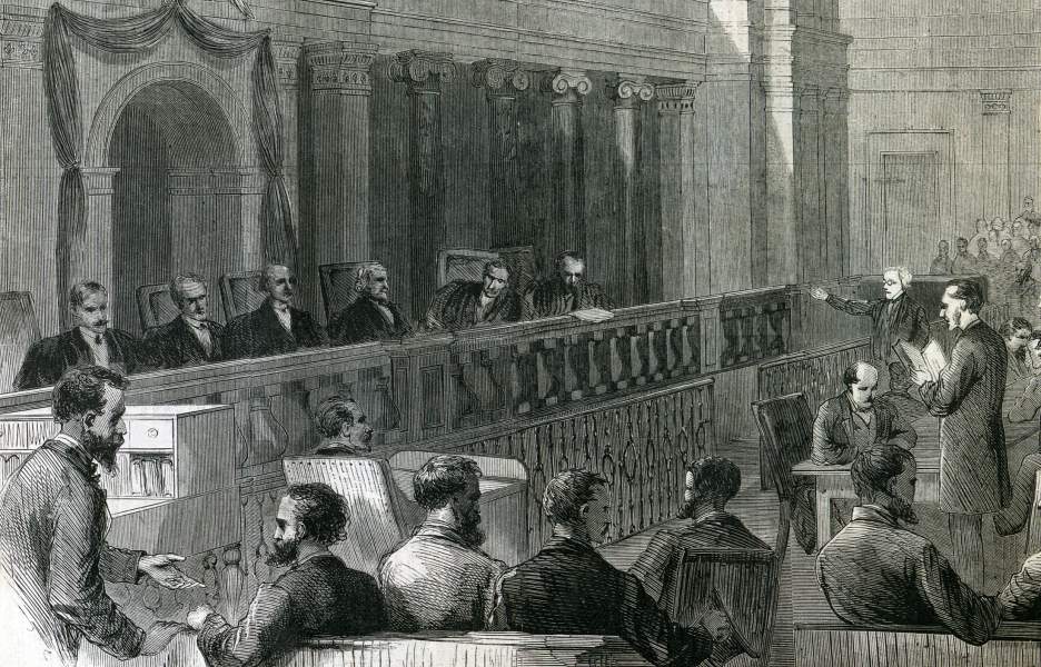 Arguments before the United States Supreme Court, Washington D.C., April  1867, artist's impression, zoomable image, detail.