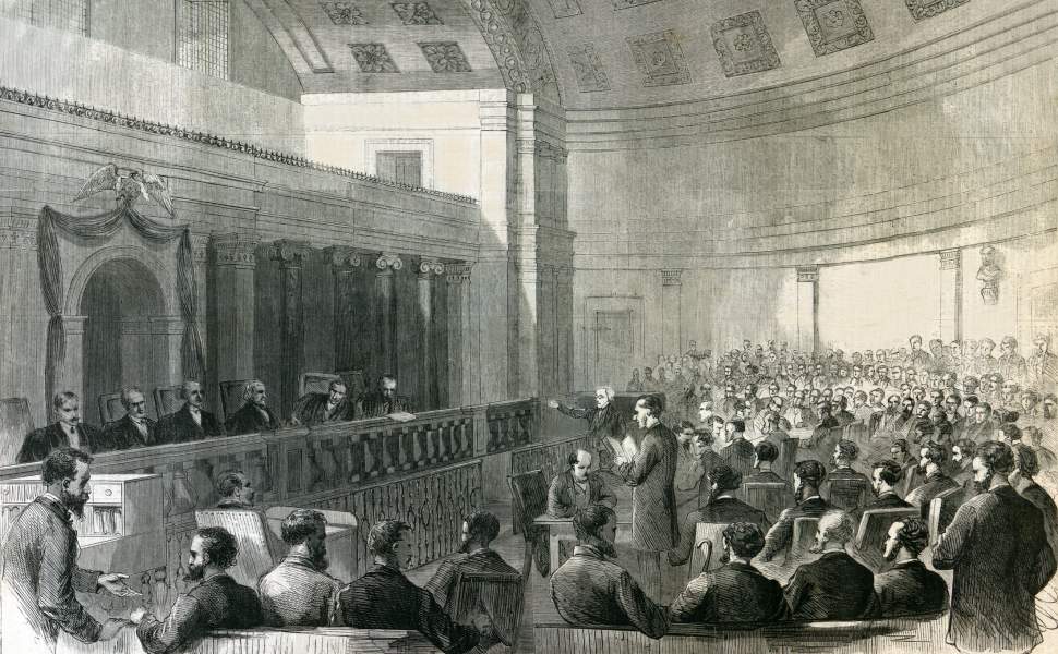 Arguments before the United States Supreme Court, Washington D.C., April  1867, artist's impression, zoomable image.