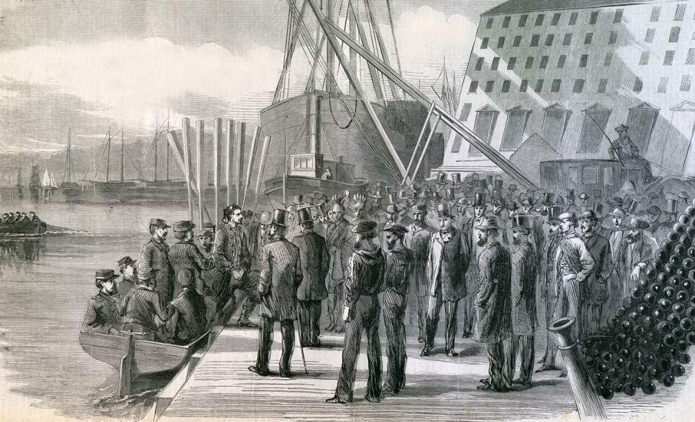 Arrival of the arrested fugitive John Surratt in Washington, D.C. February 19, 1867, artist's impression.