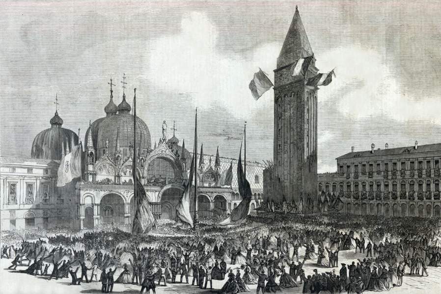 Raising the flag of Italy, St. Mark's Square, Venice, October 19th, 1866, artist's impression.