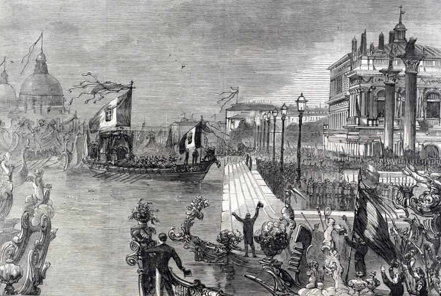 Entry of King Victor Emanuel II of Italy into newly liberated Venice, November 7, 1866, artist's impression.