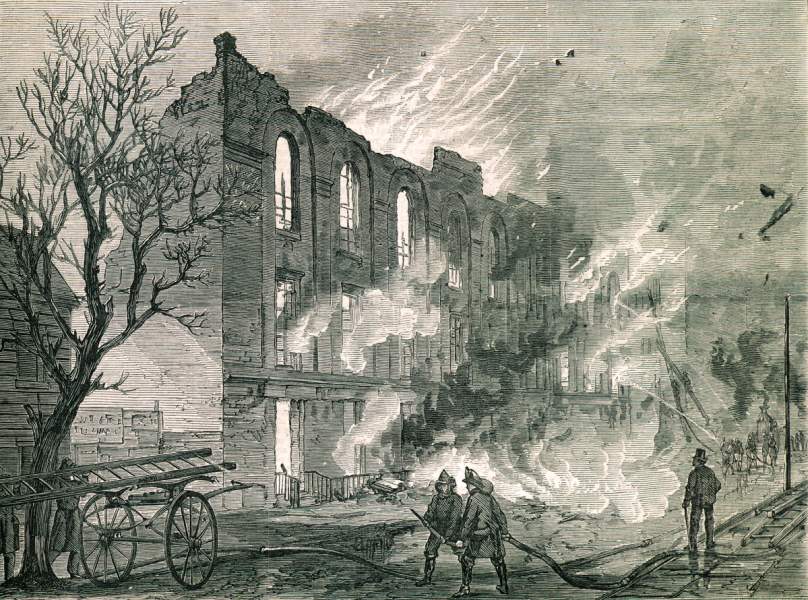 Destruction by fire of the Winter Garden Theater, New York City, March 23, 1867, artist's impression.