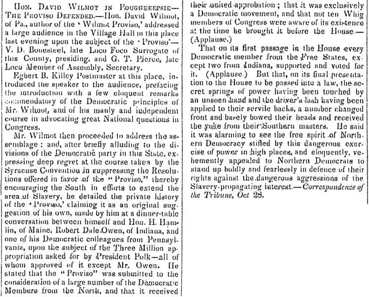 “Hon. David Wilmot in Poughkeepsie,” Raleigh (NC) Register, November 3, 1847