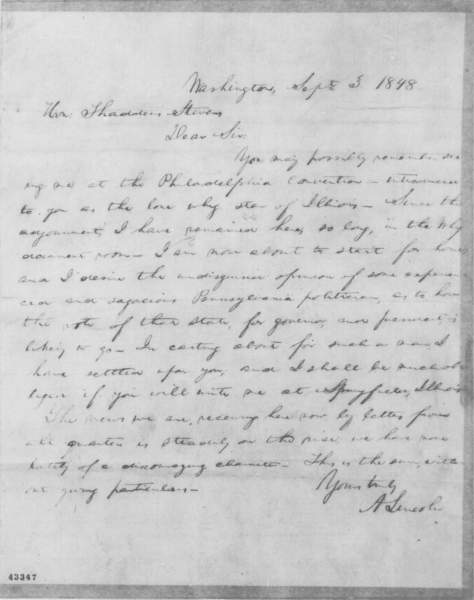 Abraham Lincoln to Thaddeus Stevens, September 3, 1848 (Page 1) 