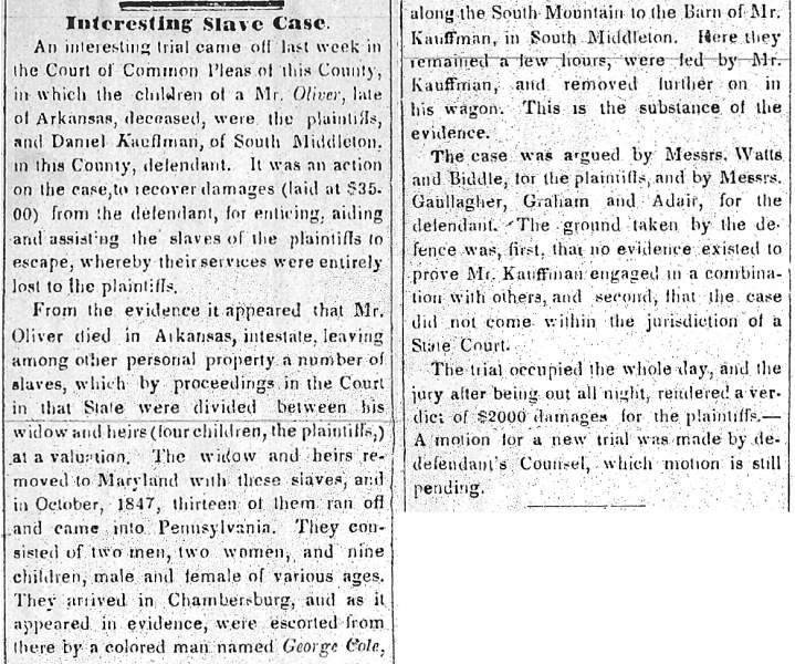“Interesting Slave Case,” Carlisle (PA) Herald & Expositor, November 29, 1848