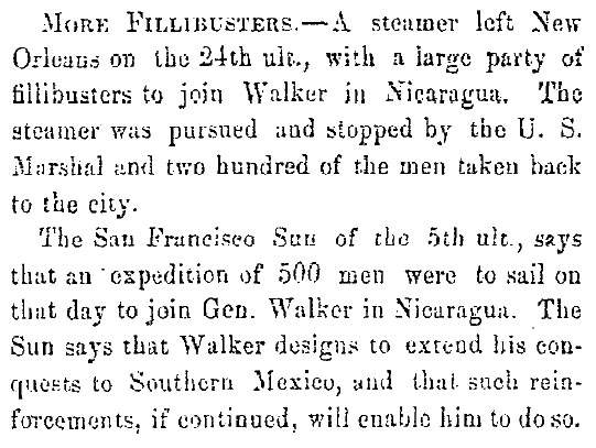 “More Fillibusters [Filibusters],” Fayetteville (NC) Observer, January 7, 1856