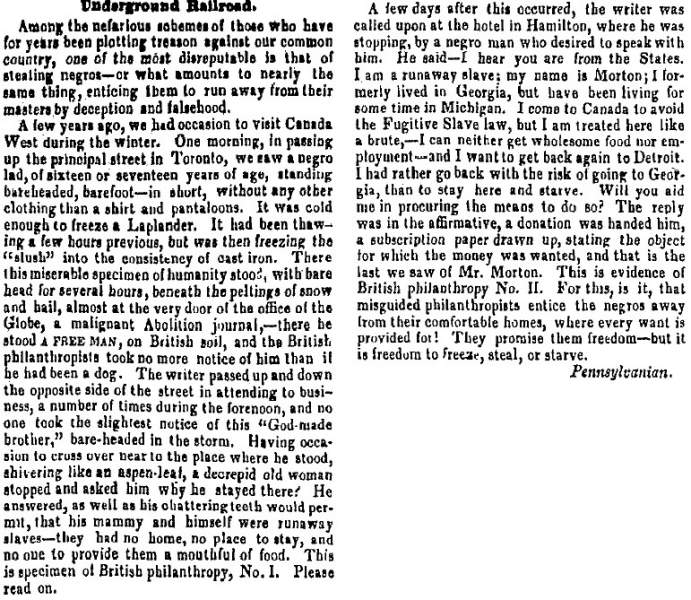 "Underground Railroad," Charleston (SC) Mercury, August 25, 1856