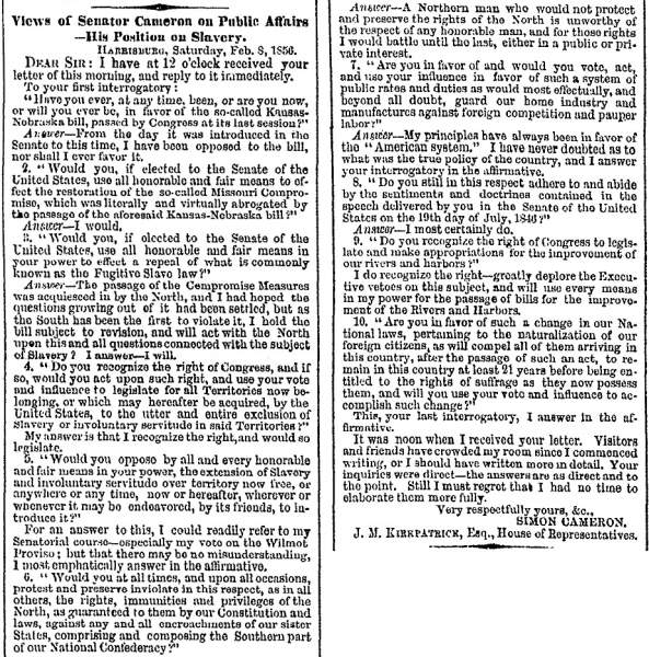 "Views of Senator Cameron on Public Affairs," New York Times, January 22, 1857