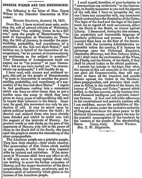 "Senator Wilson and the Disunionists," Washington (DC) National Era, January 29, 1857