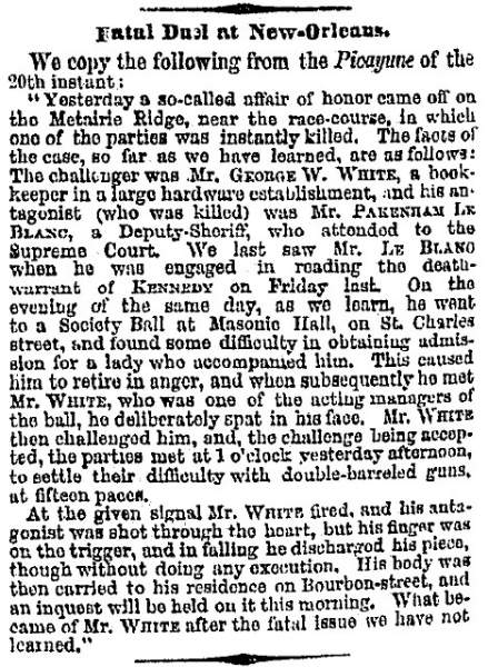 "Fatal Duel at New Orleans," New York Times, February 3, 1857