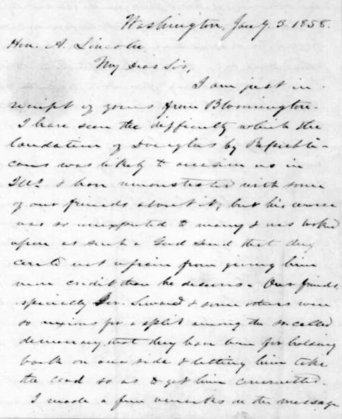 Lyman Trumbull to Abraham Lincoln, January 3, 1858 (Page 1)