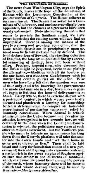 "The Rejection of Kansas," Charleston (SC) Mercury, April 26, 1858