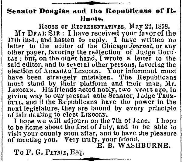 “Senator Douglas and the Republicans of Illinois,” New York Times, June 8, 1858