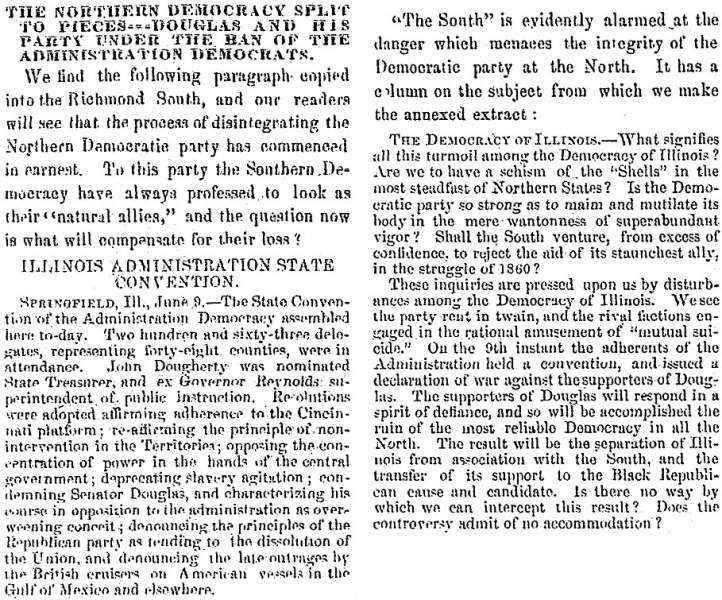 “The Northern Democracy Split to Pieces,” Raleigh (NC) Register, June 23, 1858