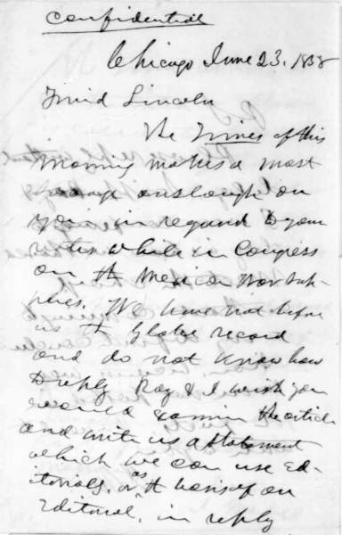 Joseph Medill to Abraham Lincoln, June 23, 1858 (Page 1)