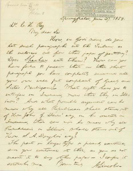 Abraham Lincoln to Charles H. Ray, June 27, 1858 (Page 1)
