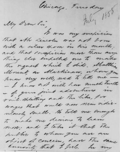 Charles H. Ray to Abraham Lincoln, July 1, 1858 (Page 1)
