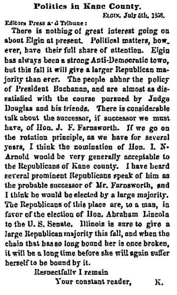“Politics in Kane County,” Chicago (IL) Press and Tribune, July 8, 1858