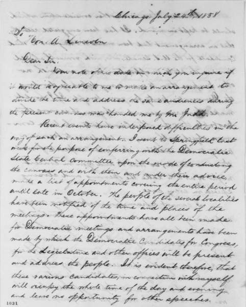 Stephen Douglas to Abraham Lincoln, July 24, 1858 (Page 1)