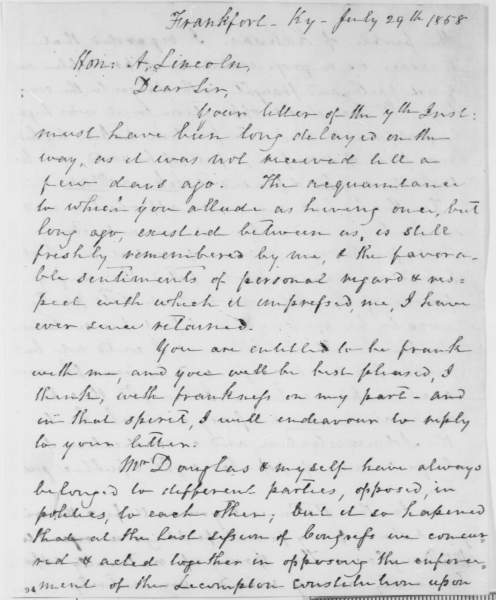 John Crittenden to Abraham Lincoln, July 29, 1858 (Page 1)