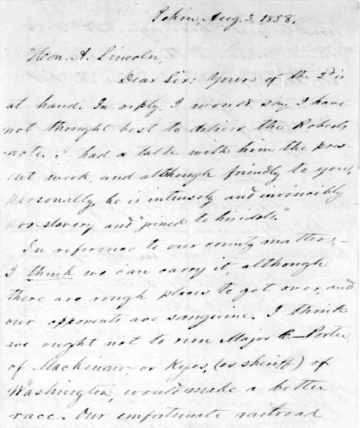 Thomas J. Pickett to Abraham Lincoln, August 3, 1858 (Page 1)