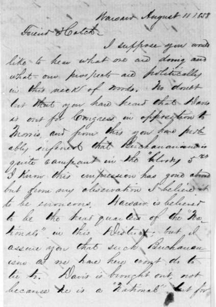 Thomas C. Sharp to Ozias Mather Hatch, August 11, 1858 (Page 1)