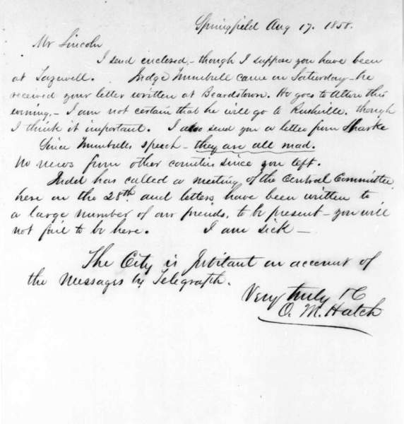 Ozias M. Hatch to Abraham Lincoln, August 17, 1858 (Page 1)