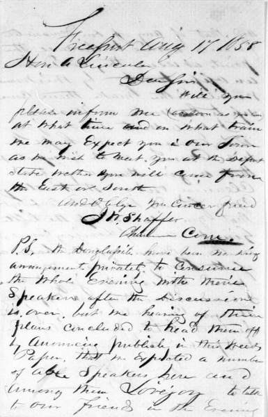 John W. Shaffer to Abraham Lincoln, August 17, 1858 (Page 1)