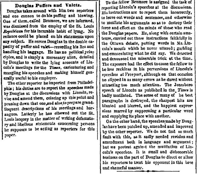 "Douglas Puffers and Valets," Chicago (IL) Press and Tribune, September 20, 1858