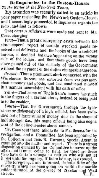 “Delinquencies in the Custom House,” New York Times, September 30, 1858