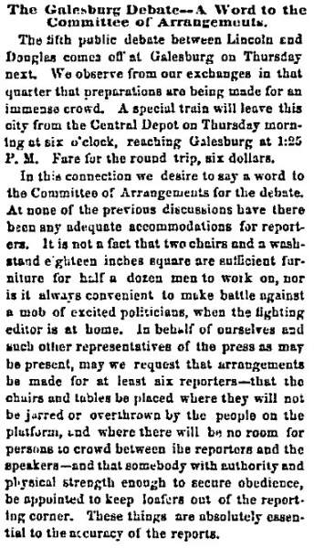 “The Galesburg Debate,” Chicago (IL) Press and Tribune, October 5, 1858