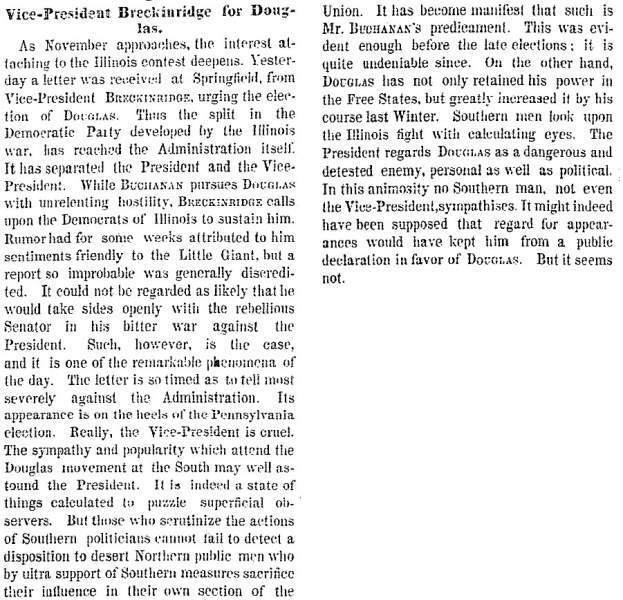 “Vice-President Breckenridge for Douglas,” New York Times, October 23, 1858
