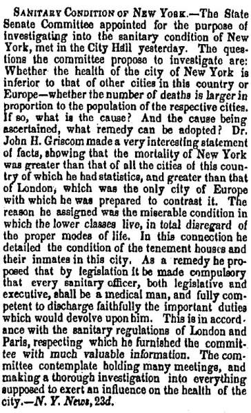 “Sanitary Condition of New York,” Charleston (SC) Mercury, October 26, 1858